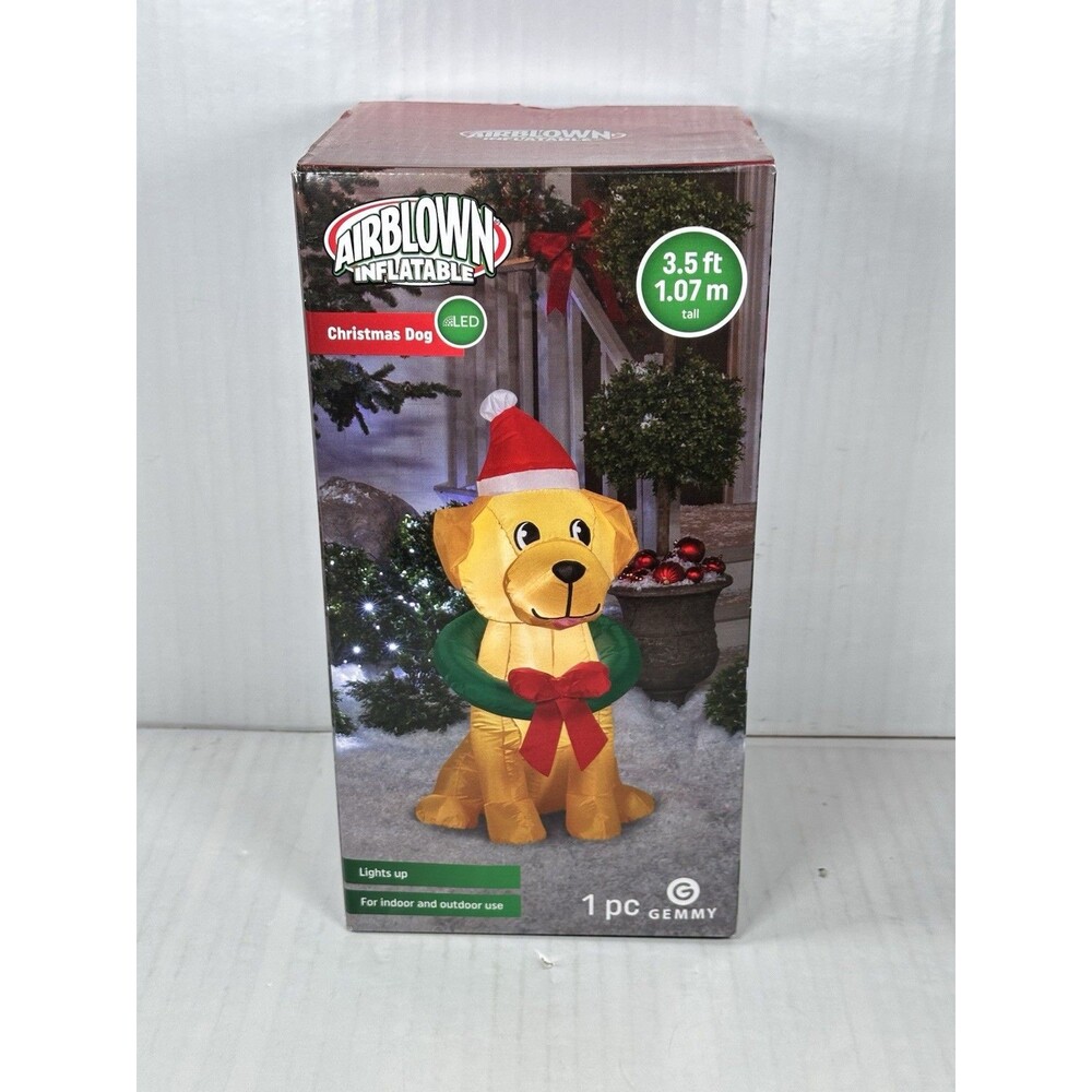 3.5 Foot Ft Inflatable LED Christmas Dog with Wreath Holidays Decor NEW
